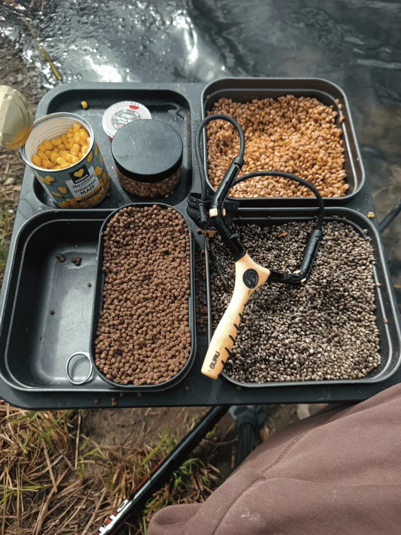 Pellets, Weizen, Mais und Hanf mit einer Futterschleuder auf einem Bait Waiter