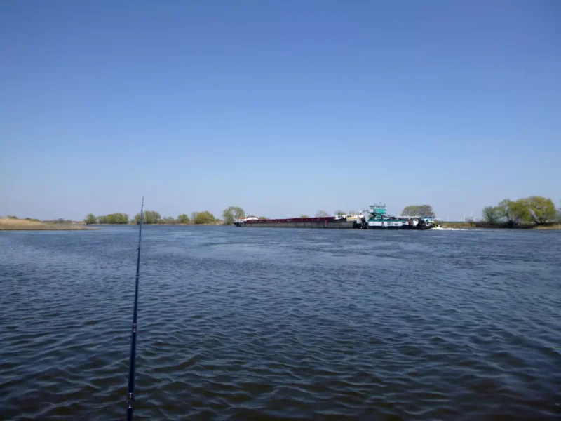 Angelausrüstung zum Flussfeedern am Buhnenfeld