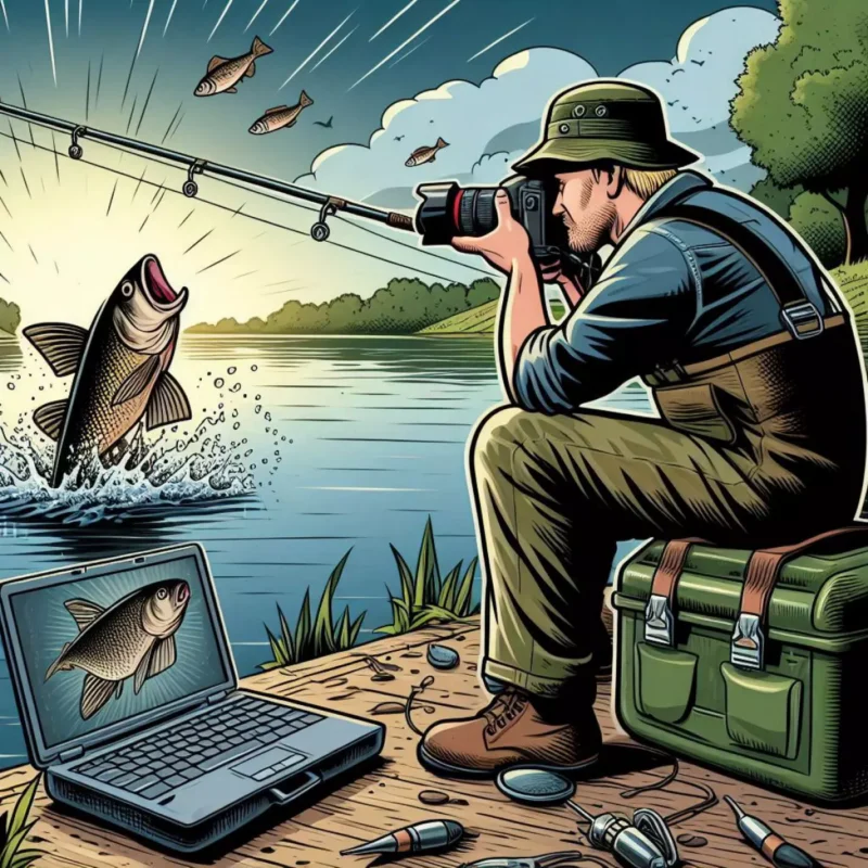 Angelblogger am See fotografiert einen Fisch bei seiner Arbeit