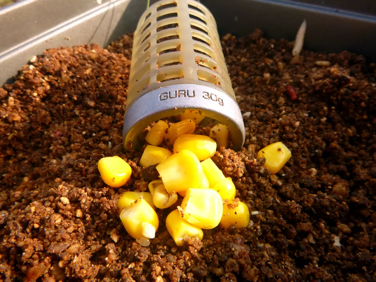 Bait Up Feeder mit Futter und Mais