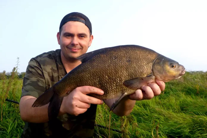 Brassen Angeln am kleinen Fluss mit der Pose