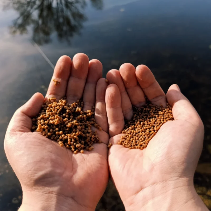 Dynamite Baits Big Fish Method Feeder Pellets im Größenvergleich auf der Hand