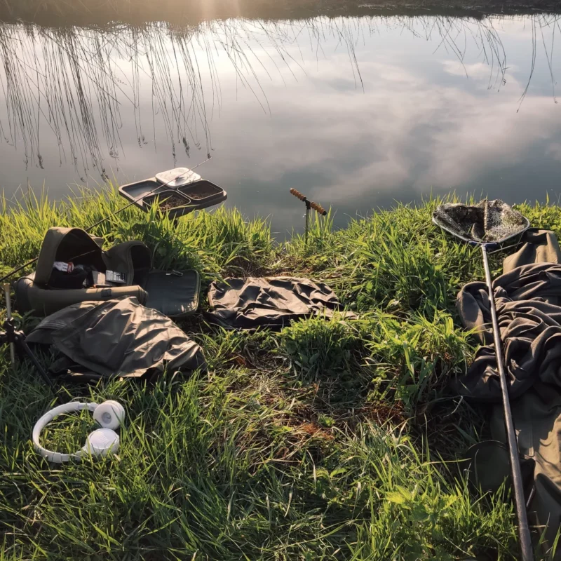 Angelplatz am kleinen Fluss ohne Stuhl