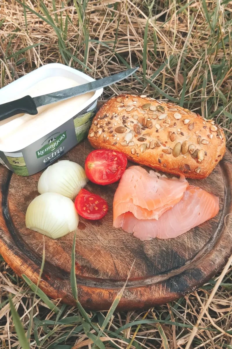 gesunder Lachs mit Zwiebeln, Tomaten und Brot