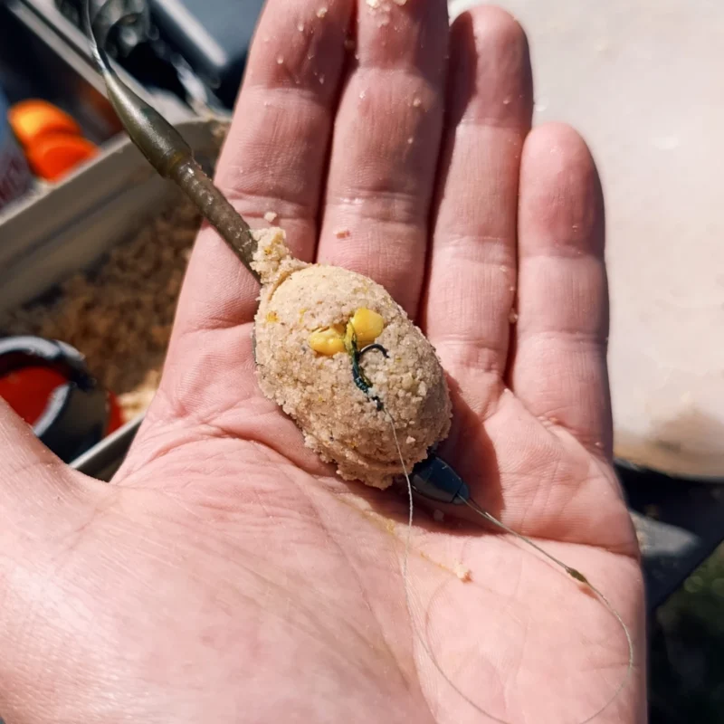 Method Feeder Futter auf einem Method Feeder mit Mais