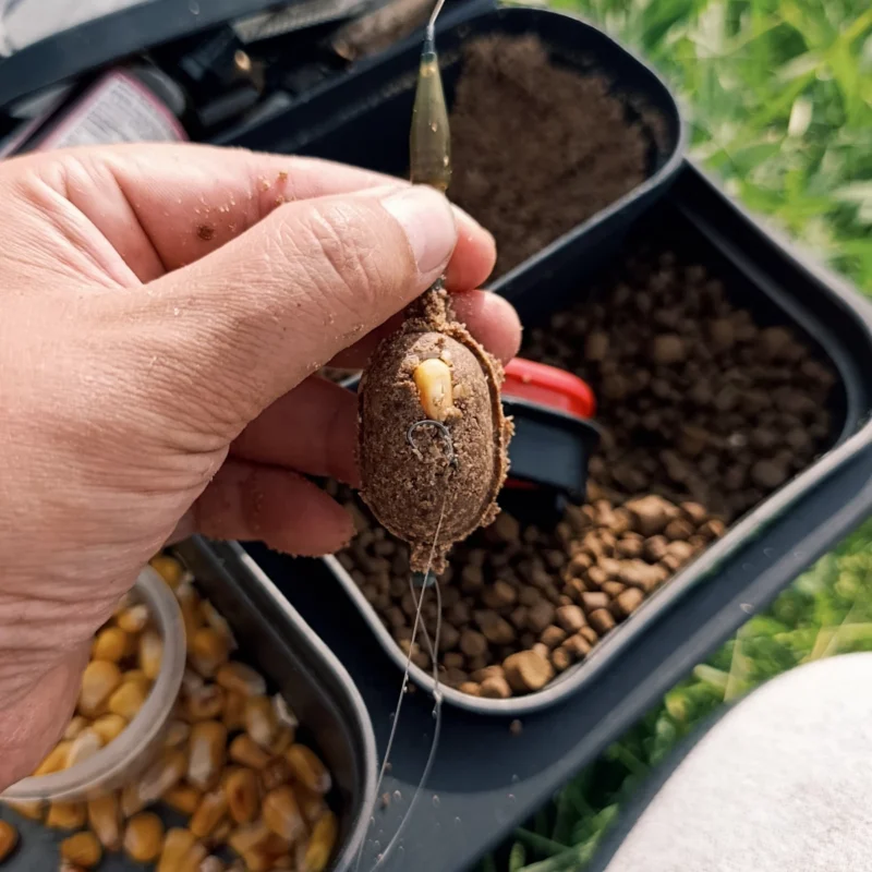 Method Feeder befüllt mit Futter und Hartmais als Köder