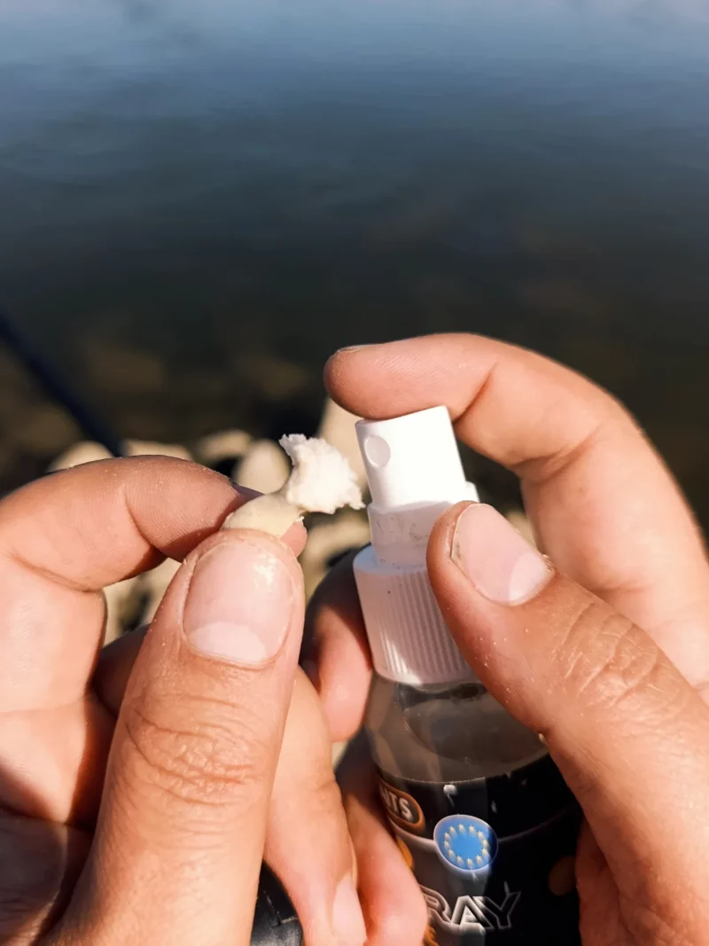 Brotflocke wird im Sonubaits Bait Spray Test besprüht