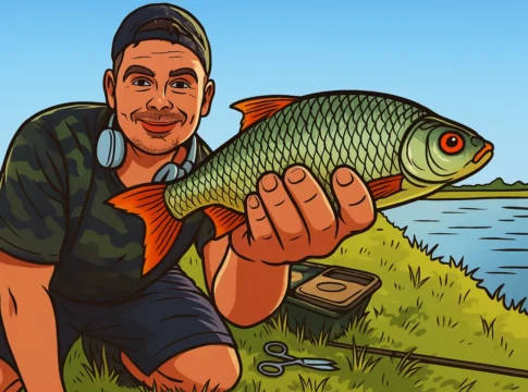 40cm Rotauge und Angler am Teich