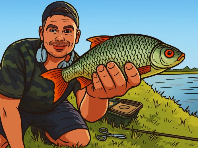 40cm Rotauge und Angler am Teich