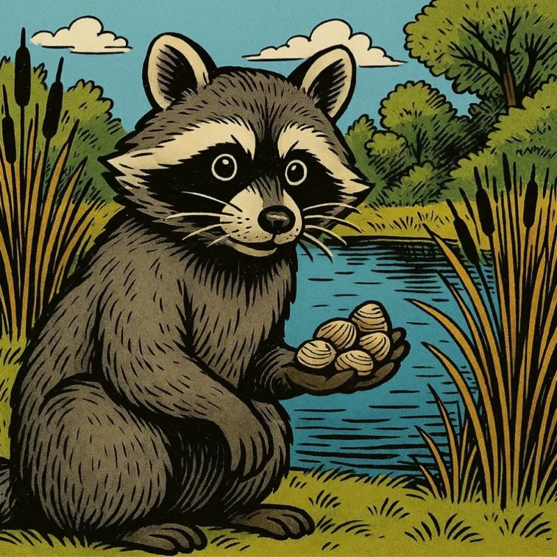 Waschbär mit Muscheln am Teich