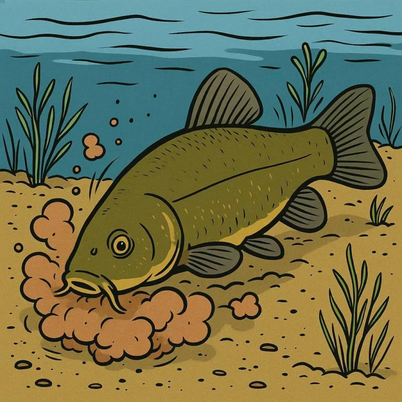 Fisch gründelt am Teichgrund und löst dabei Schlammwolken aus