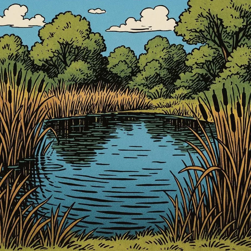 Teich mit Schilfbänken an einem Waldstück