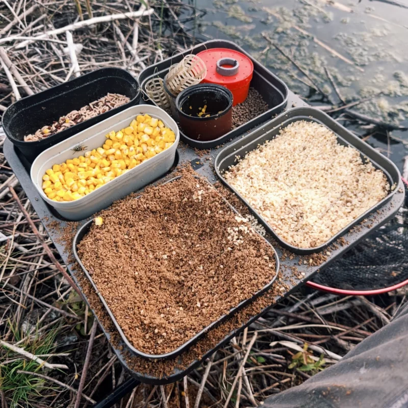 Köder auf einem Tisch für das Feedern auf Rotaugen im Herbst