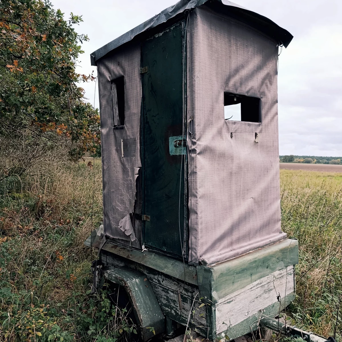 Kanzel mit Tür aufgebaut auf einem Autoanhänger an einem Waldstreifen