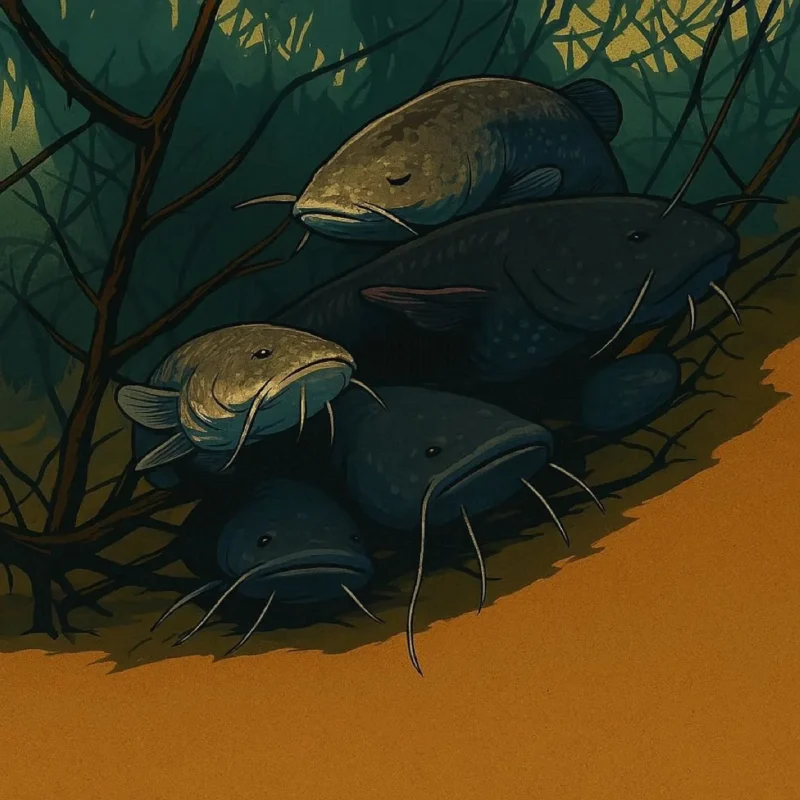 Gruppe von Welsen an einem Unterstand