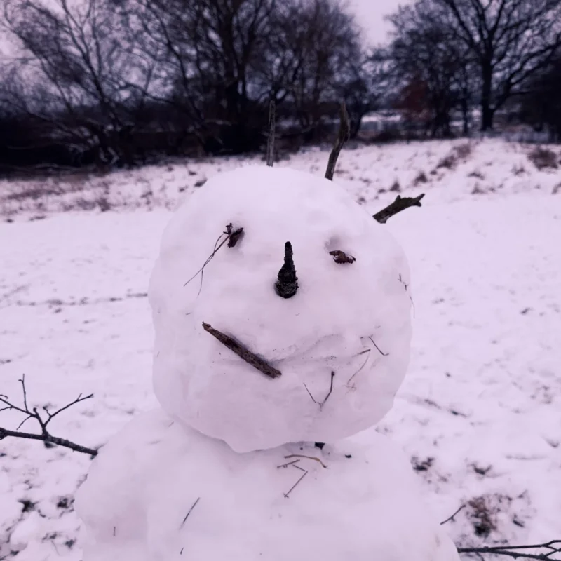 Gesicht von einem Schneemann bei der Winterwanderung