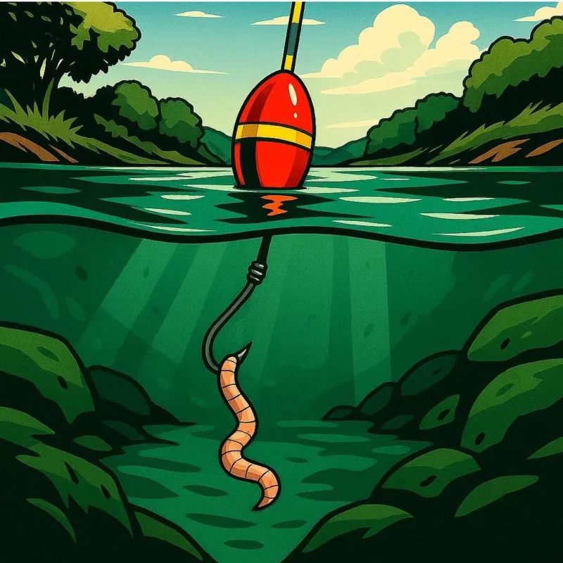 Wurm an der treibenden Posenmontage im kleinen Fluss als Illustration